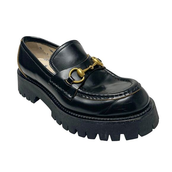 Gucci Shoes - Gucci Black Leather Lug Sole Horsebit Loafers EU 36 Gold Horsebit Bee Embroidery